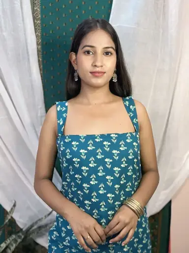 Aabroo - Teel blue block print square neck Kurti